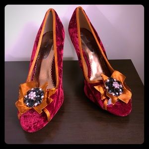 Red and orange velvet dress heels